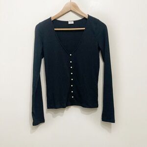 Aritzia Black Ribbed V-Neck Cardigan with Pearl Buttons